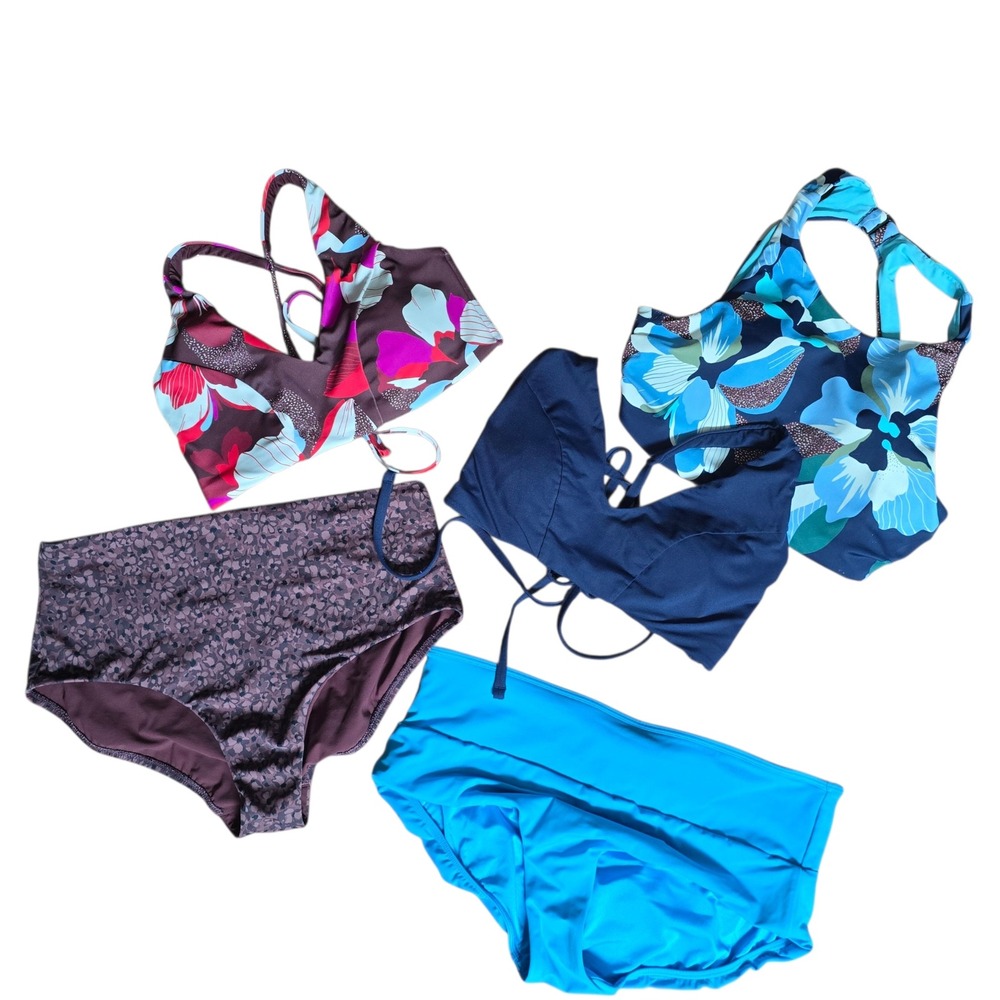 Athleta Swimwear Lot 5pc Bikini Tops High Waist Bottoms Floral Blue Purple Mix